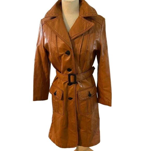 Vintage 70s Montgomery Ward The Tannery Belted BURNT ORANGE TRENCH Leather COAT - Picture 1 of 5